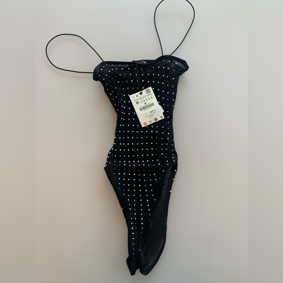 NWT Zara Black Net Bodysuit with Rhinestones | Medium - Picture 3 of 7
